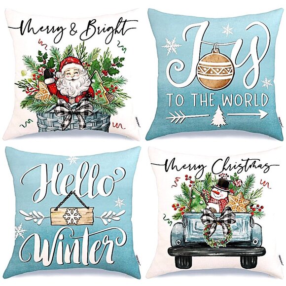 Christmas Pillow Covers ~ 18 X 18 Inch ~ Set of 4 ~ Farmhouse Blue/Natural Tones - Picture 1 of 8